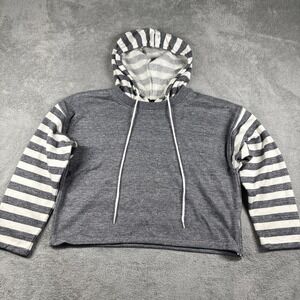 Vintage Gitano Women's Striped Hoodie Jacket Boxy Crop Sweatshirt Gray/White L